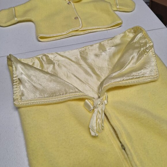 Vintage Baby‎ Yellow Hooded Coat & Sleeping Bag Combo Satin Trim Buttons - Picture 7 of 12